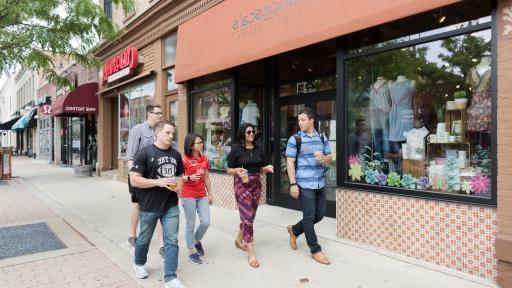 students walking around downtown naperville